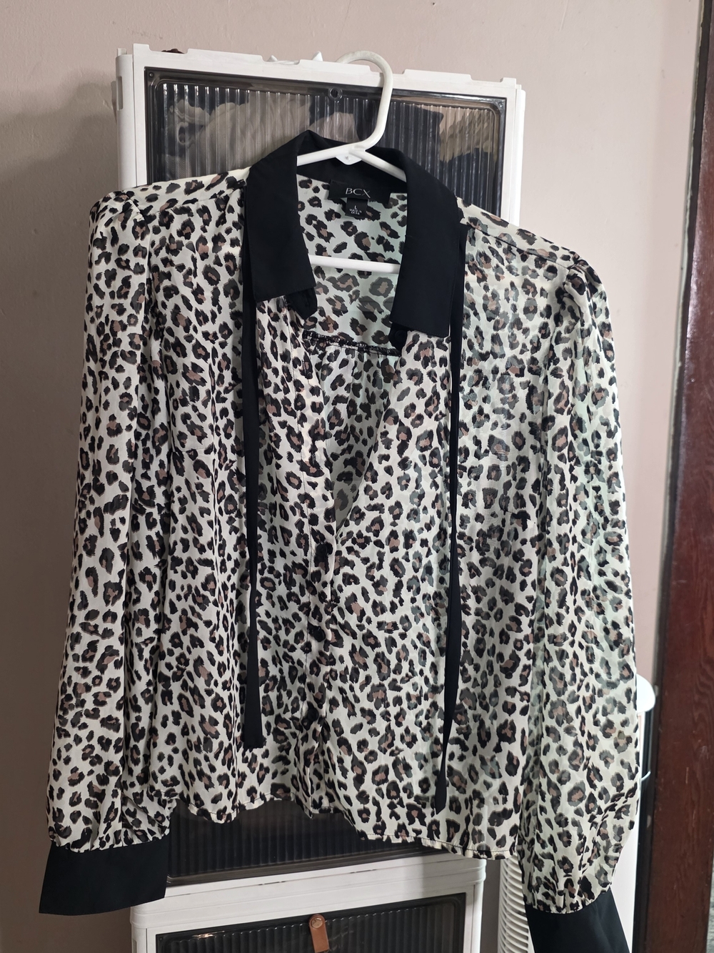 BCX Leopard Print Tie-Neck Blouse Jacket - Black & Cream